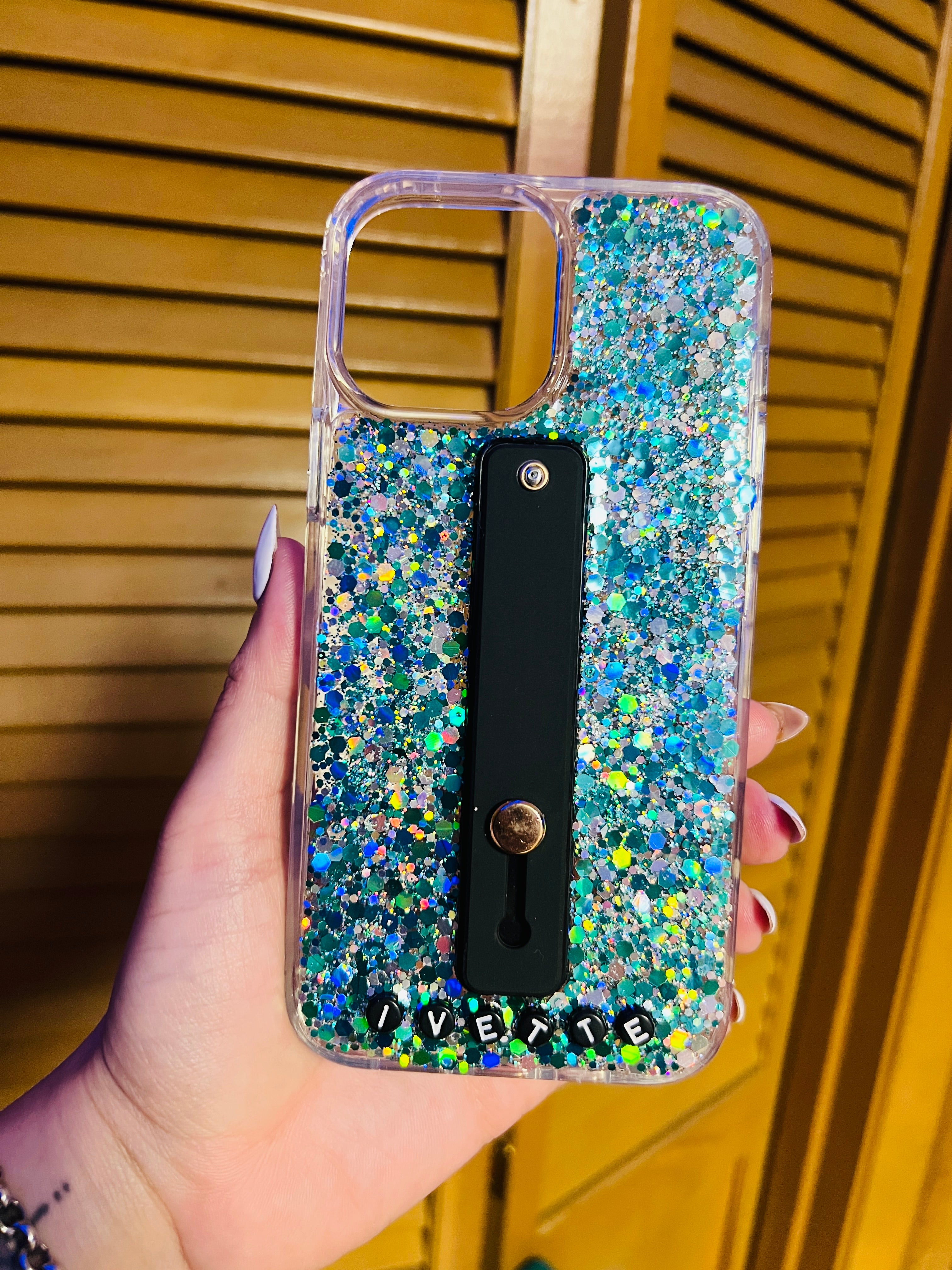 *NEW* glitter phone case with name (loop included) *free shipping* (color used teal and silver)